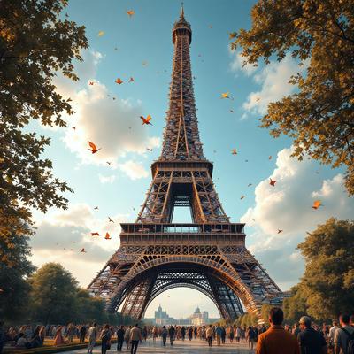The primary subject of the image is the Eiffel Tower, a famous landmark in Paris, France. The tower is surrounded by a large group of people walking around and enjoying the view. The setting is a busy city street with a crowd of people gathered around the tower. The visual style of the image is a combination of photo and digital art, creating a vibrant and lively atmosphere. The colors and mood of the image are predominantly warm and inviting, reflecting the excitement and energy of the bustling